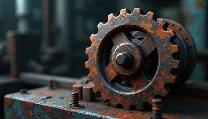 Close up of a rusty metal gear with dirt and grease. Old machinery part sits on textured industrial surface. Dark background adds depth and grunge.