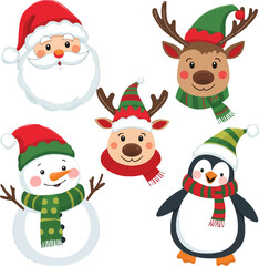 Cute Christmas Characters Vector Set — Santa, Snowman, Reindeer, Elf & Penguin in Flat Cartoon Style