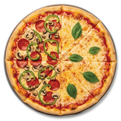 A delicious half pepperoni and mushroom pizza with green peppers and a half cheese pizza with basil leaves.