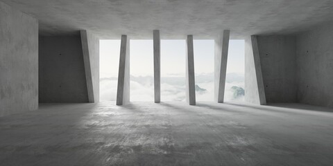 Naklejka na ściany i meble Abstract empty, modern concrete room with row of angled pillars, mountain view and rough floor - industrial interior background template