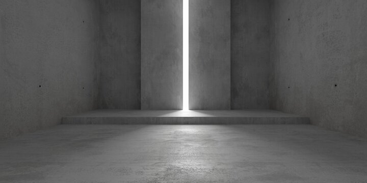 Abstract empty, modern concrete room with small light slit in the back wall and stepped floor - industrial interior background template
