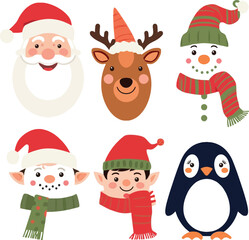 Cute Christmas Characters Vector Set — Santa, Snowman, Reindeer, Elf & Penguin in Flat Cartoon Style