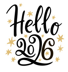 Obraz premium Hello 2026 hand drawn funny banner. New year concept. lettering vector illustration isolated on white background. Festive calligraphy.