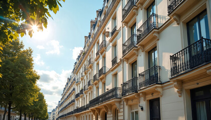 Row of Parisian apartment buildings with ornate balconies under a sunny sky. Lush green trees line the sidewalk, casting shadows on the cream-colored facades. Classic European architecture.
