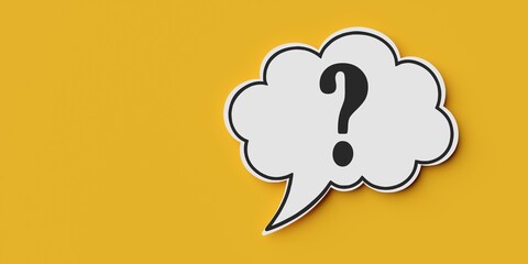 Question mark in white outlined speech bubble or balloon on yellow background with copy space, faq, support or communication concept