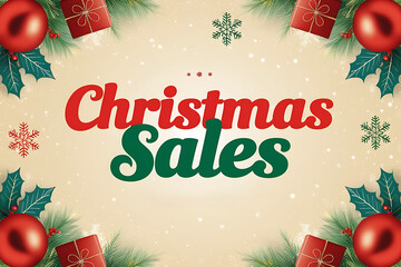 Christmas Sales Background with Holly and Red Ornaments