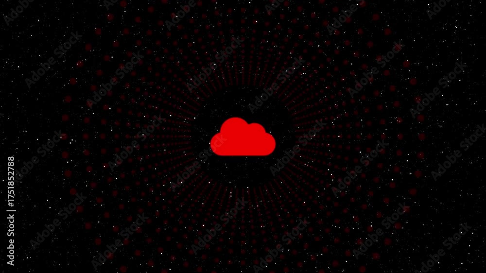Wall mural animated red cloud icon on a black background with glowing dots, representing cloud computing, data 