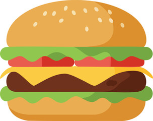 Illustration of a burger with cheese, lettuce, tomato, and sesame seeds on a bun.