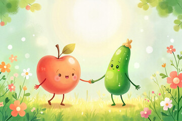 Friendship between an apple and a cucumber, representing baby food and fairy tale