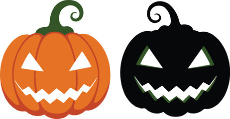 Orange and black jack-o'-lantern pumpkins with carved faces
