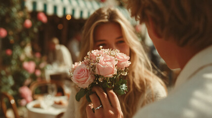 romantic moment between two people, one holding bouquet of pink roses, surrounded by charming outdoor setting with soft lighting and greenery