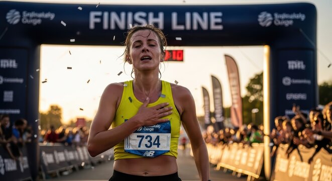 Female runner crosses finish line in emotional race victory