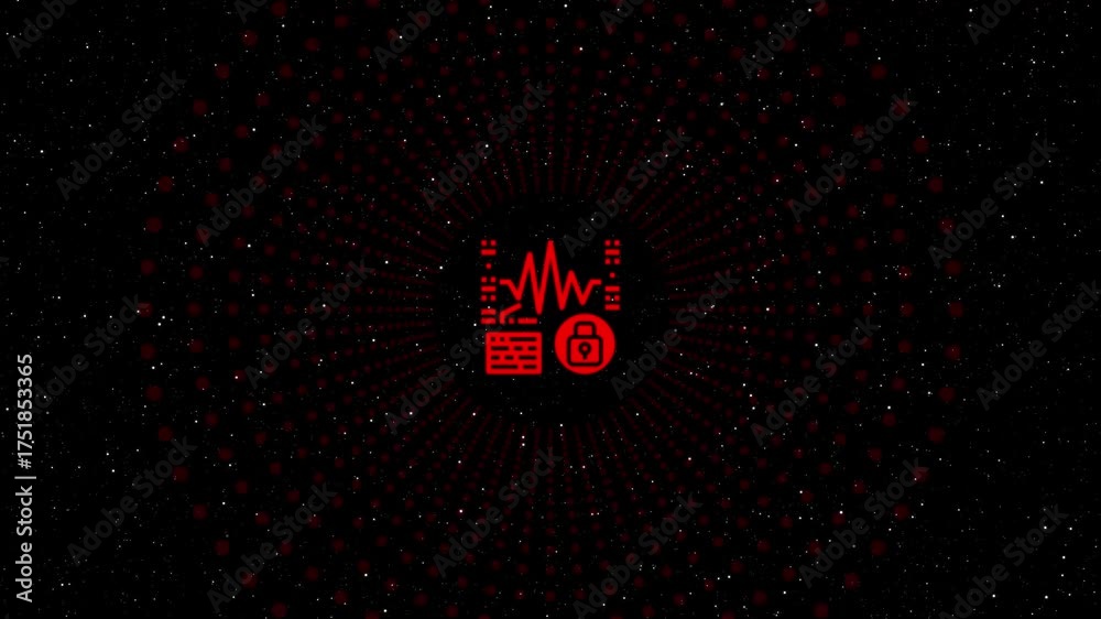 Wall mural glowing red icon of a server with a lock and a waveform inside a circle against a dark background wi