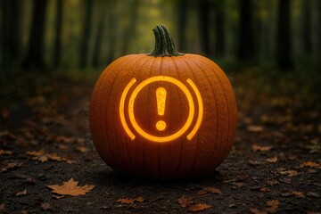 Jack o Lantern with Car Brake Warning Symbol Glowing in Dark Forest &mdash; Spooky Automotive Halloween Concept