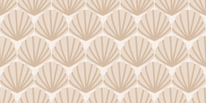 Geometric beige seamless pattern of stylized sea shells. Endless decorative texture. Vector abstract marine repeating background for fabric, packaging, wrapping paper, textile, wallpaper