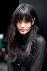 Fototapeta premium A woman with long black hair and a black dress is posing for a photo