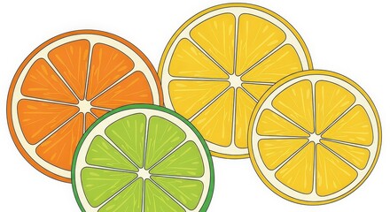 An illustration of various citrus fruit slices including orange, lemon, and lime, arranged on a white background.