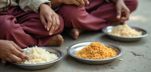 Unidentified children sit outdoors on concrete floor. They share plates with rice dish during lunch break. Food poverty and hunger concept in developing country school.