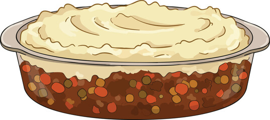 A detailed illustration of a shepherd's pie, a savory dish with a meat base and mashed potato topping.