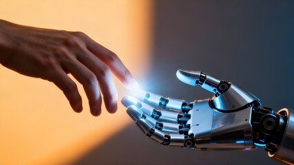 Human and Robot Hand Connection – Symbol of Artificial Intelligence Collaboration