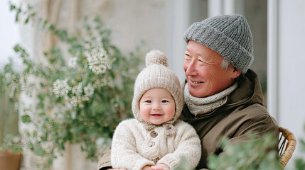 grandparent and baby share joyful moment in cozy outdoor space, surrounded by greenery. Their warm attire and smiles create heartwarming scene of love and connection
