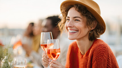 group of friends enjoying joyful moment, clinking glasses filled with sparkling drinks. woman in foreground, wearing hat, radiates happiness and warmth