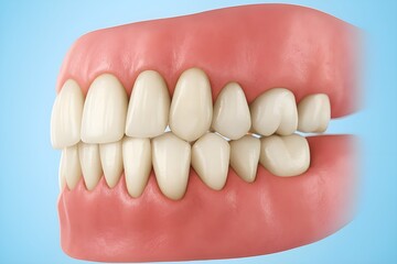 3D Dental Overbite Illustration: Side View of Human Teeth and Gums with Malocclusion