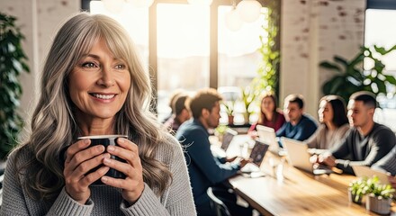 A Mature Woman Enjoys Coffee With Colleagues in a Modern Office Setting