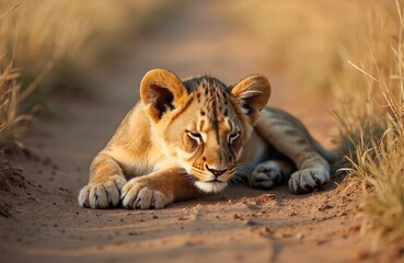 Naklejka premium Small lion cub rests on ground in savannah. Young cat has a rest on wild african nature. Cute cub is relaxing, dreaming about hunt adventure in wilderness.