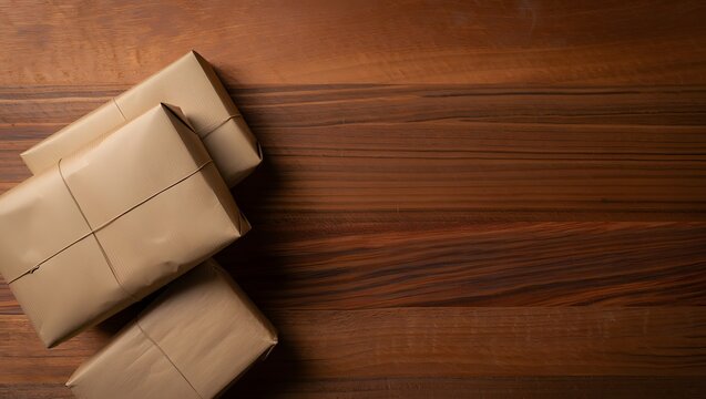Wrapped gifts on a wooden table with string and brown paper for a rustic presentation look