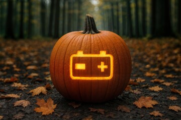 Glowing Jack o Lantern with Car Battery Warning Symbol &mdash; Spooky Automotive Halloween Concept