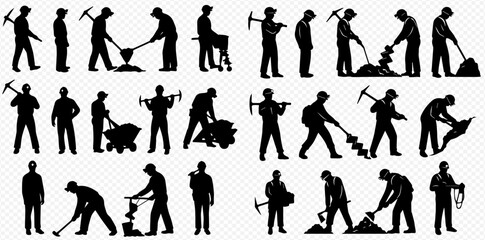 A collection of black silhouettes depicting construction workers and miners engaged in various manual labor tasks.