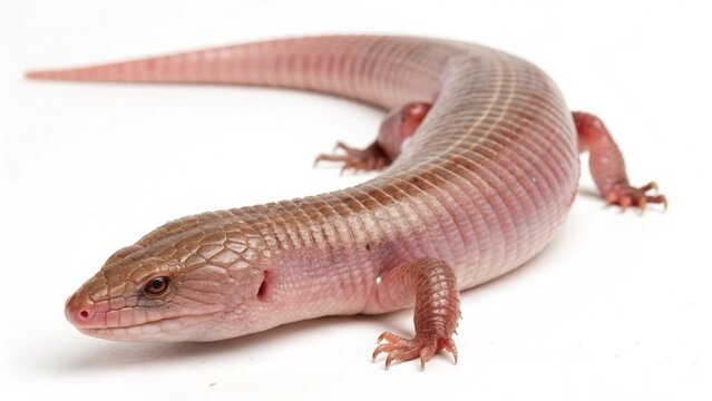 Mexican Mole Lizard with elongated pink segmented body, small limbs near the head, and smooth texture, isolated on a clean white studio background, realistic amphisbaenian reptile portrait, sharp focu