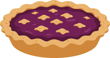 Cartoon illustration of a delicious blueberry pie with a golden crimped crust and decorative pastry cutouts on top of the purple filling.