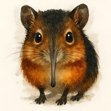검붉은코끼리땃쥐, 정면, 클로즈업, 수채화, jpeg (Black and rufous sengi, front view, close-up, water colour, jpeg)