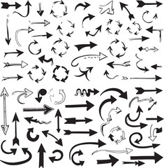 Hand-drawn arrow decoration elements in line art sketch style. Vector icon set of doodle arrows for design, direction, and graphic decoration