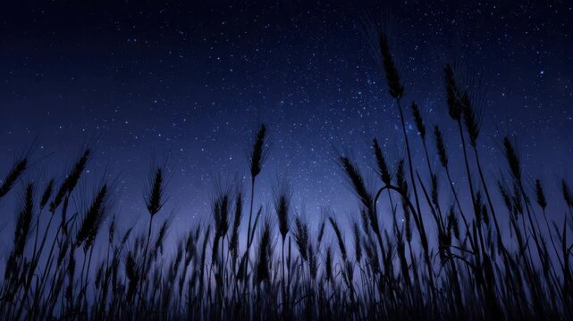 Wheat Field Silhouetted Against Dark Blue Starry Sky Dramatic Low Angle Grain Stalks with Celestial Night Background and Sparkling Stars Minimalist Composition For Adobe Stock