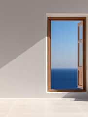 Open window to a tranquil seascape: A serene view of the ocean and sky visible through an open window. Minimalist aesthetic and calming atmosphere.