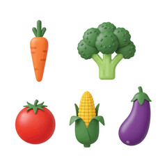 A vibrant collection of five cartoon-style vegetables, including a carrot, broccoli, tomato, corn, and eggplant, arranged against a white background.