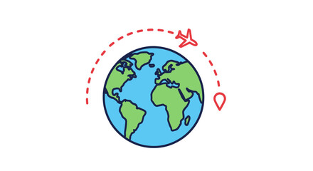 Cartoon Illustration of Globe with Airplane and Route.