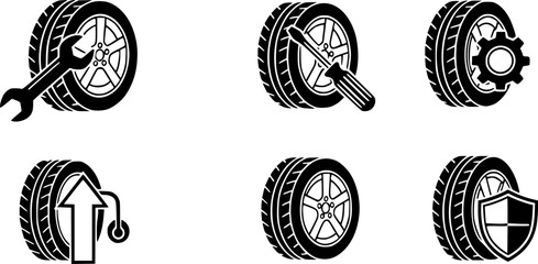 Simple automotive service icons with tire and wheel designs for repair and maintenance use
