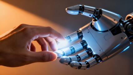 Human and Robot Hand Connection – Symbol of Artificial Intelligence Collaboration