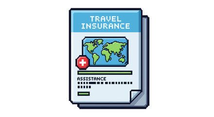 Travel Insurance Document with World Map and Medical Cross Icon.