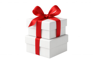 Obraz premium Stacked white gift boxes with red ribbon and bow, celebrating holidays, birthdays, and surprises