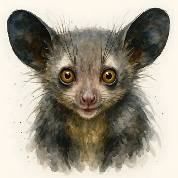 아이아이, 정면, 클로즈업, 수채화, jpeg (Aye-aye, front view, close-up, water colour, jpeg)