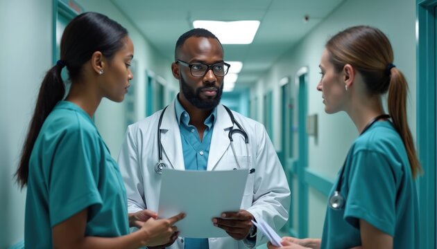 Diverse medical team consisting of doctor, two nurses meet in hospital hallway. Review documents, discuss patient care, collaborate on health strategy. Professionals analyze data, plan treatment, - Powered by Adobe