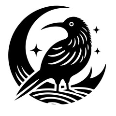 A black raven perched on a crescent moon with stars in a stylized vector illustration design style