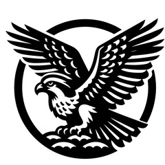 Illustration of a black and white eagle with wings spread inside a circle emblem design element