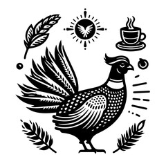 Illustration of a pheasant with feathers coffee cup and sunburst in black and white style artwork