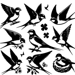 Collection of swallow birds in various poses with floral accents and clover designs black and white theme
